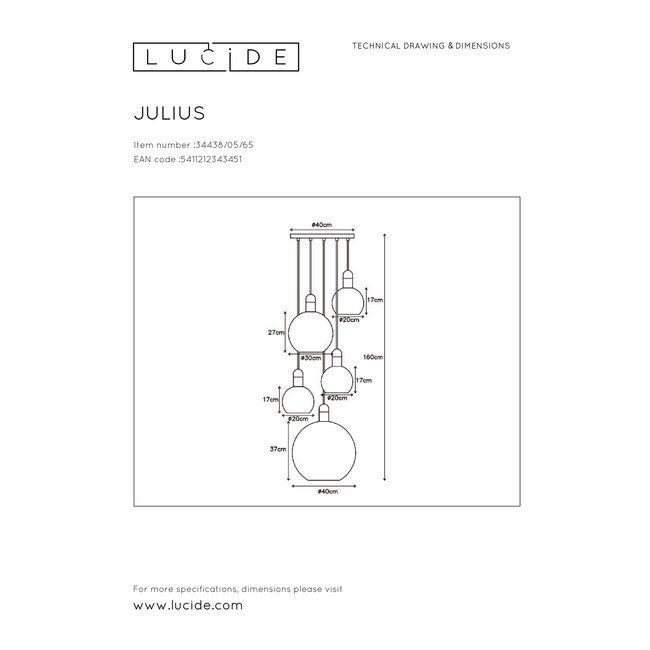 JULIUS - Hanglamp - 5xE27 - Fumé - 34438/05/65