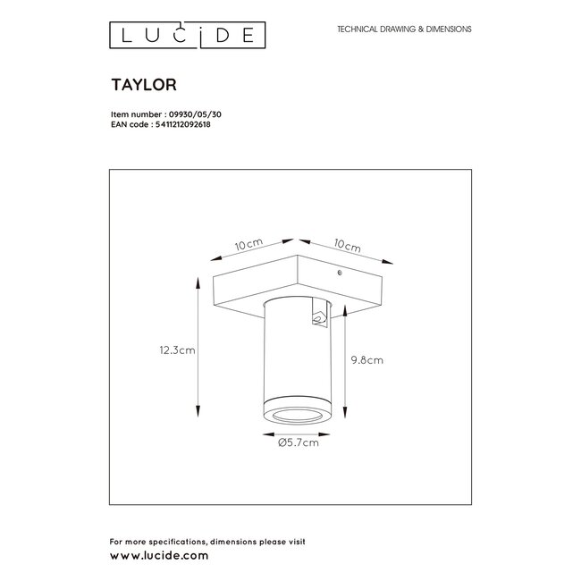 TAYLOR - Plafondspot Badkamer - LED Dim to warm - GU10 - 1x5W 2200K/3000K - IP44 - Wit - 09930/05/31