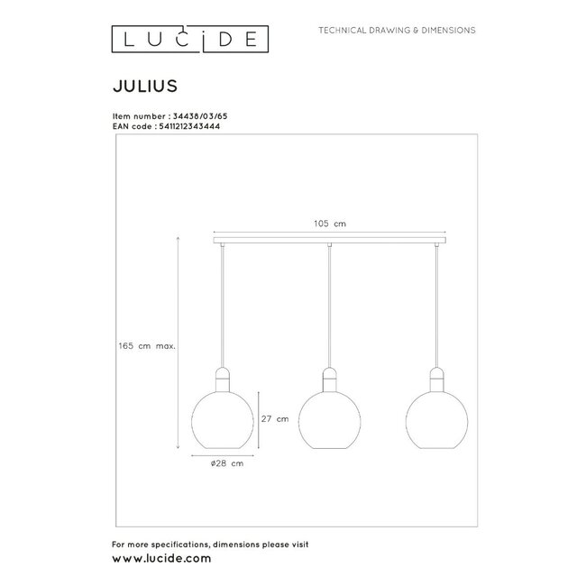 JULIUS - Hanging lamp - 3xE27 - Fumé - 34438/03/65