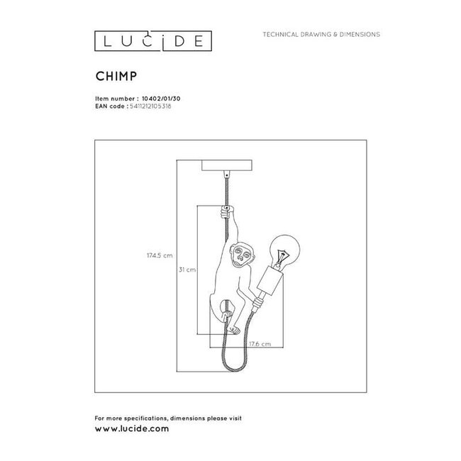 EXTRAVAGANZA CHIMP - Hanglamp - Ø 18 cm - 1xE27 - Zwart - 10402/01/30