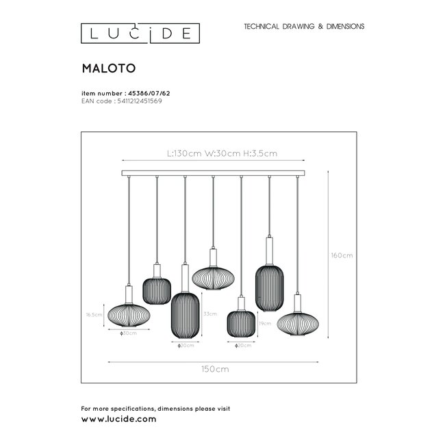 MALOTO - Hanging lamp - 7xE27 - Amber - 45386/07/62