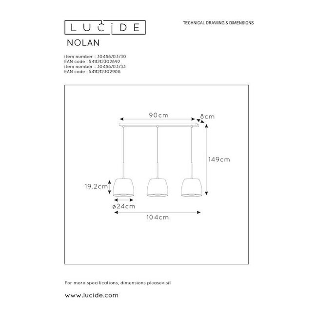 NOLAN - Hanglamp - 3xE27 - Zwart - 30488/03/30