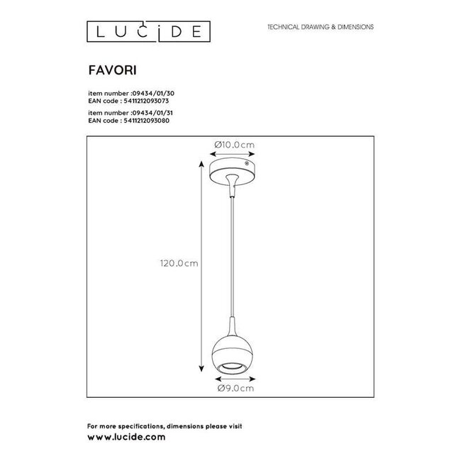 FAVORI - Hanglamp - Ø 9 cm - 1xGU10 - Wit - 09434/01/31