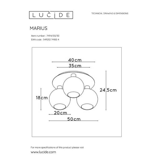 MARIUS - Ceiling light - 3xE27 - Black - 74114/03/30
