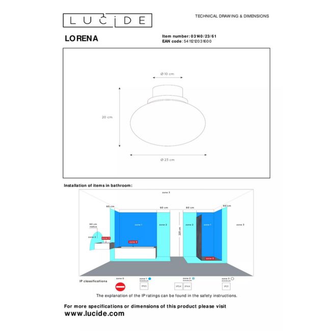 LORENA - Plafonnier de salle de bain - Ø 23 cm - 1xE27 - IP44 - Opale - 03140/23/61