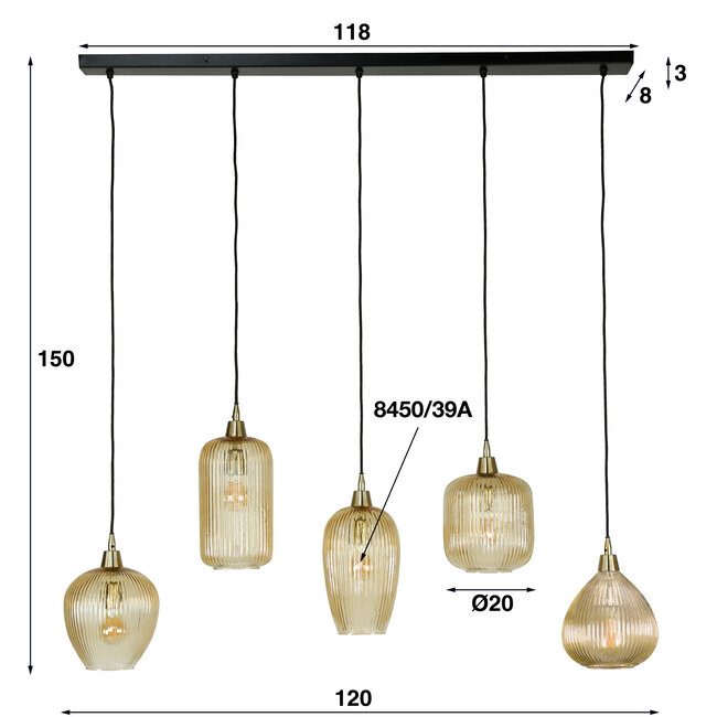 Hanging lamp 5L stripe glass mix