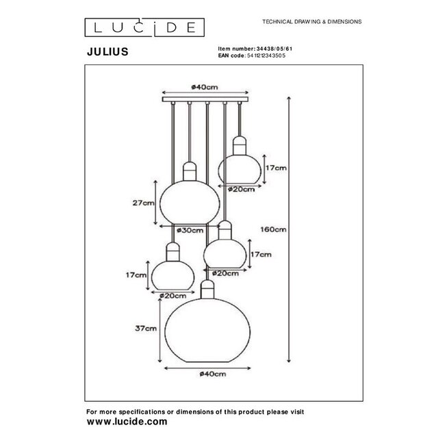 JULIUS - Suspension - 5xE27 - Opale - 34438/05/61