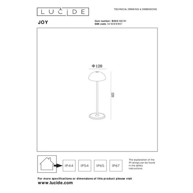 JOY - Rechargeable Outdoor Table Lamp - Battery/Battery Powered - Ø 12 cm - LED Dimmable - 1x1.5W 3000K - IP54 - White - 15500/02/31