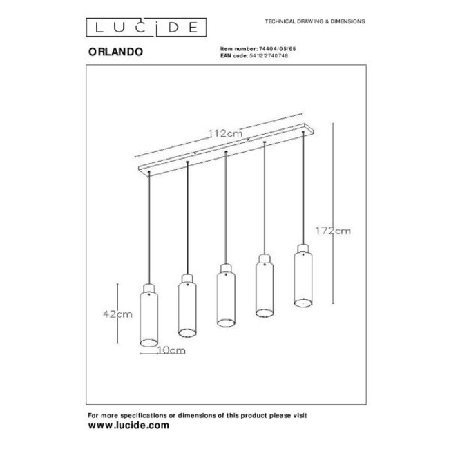 ORLANDO - Hanglamp - 5xE27 - Fumé - 74404/05/65