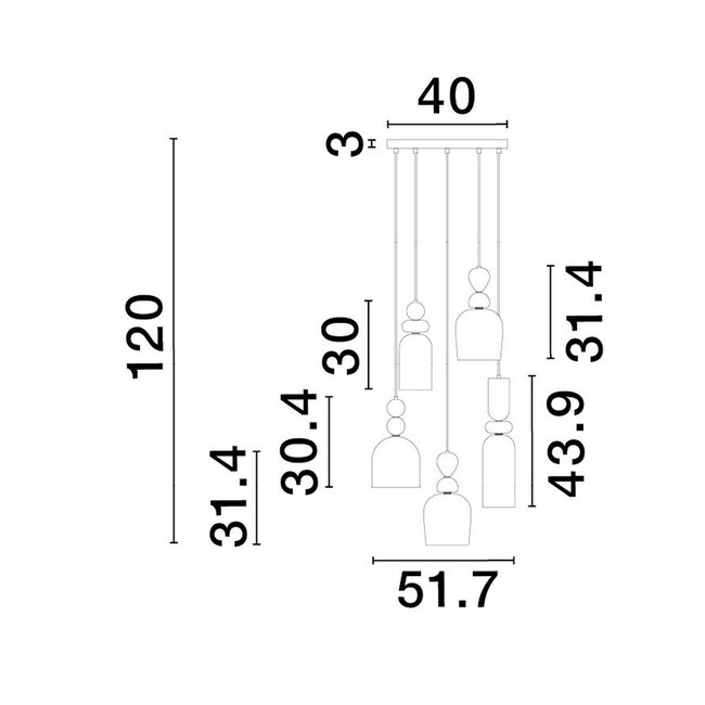 Lampe suspendue MURANO - 52 x 120 cm - 5xE14