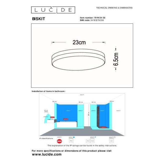 BISKIT - Plafonnier Salle de Bain - Ø 23 cm - LED - 1x12W 2700K - IP44 - Noir - 79111/24/30