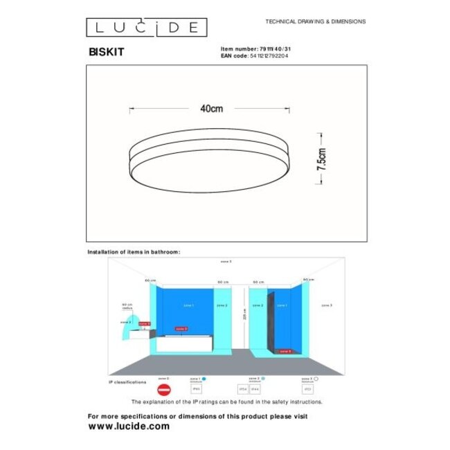 BISKIT - Plafonnière Badkamer - Ø 40 cm - LED - 1x36W 2700K - IP44 - Wit - 79111/40/31