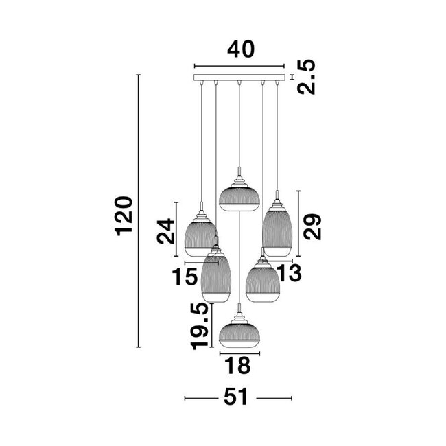 Mond - hanging lamp - Ø 51 x 120 cm - gold / clear glass -5 x E14