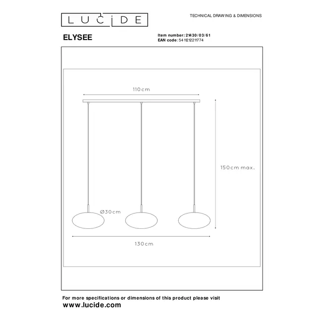 ELYSEE - Hanglamp - 3xE27 - Opaal - 21430/03/61
