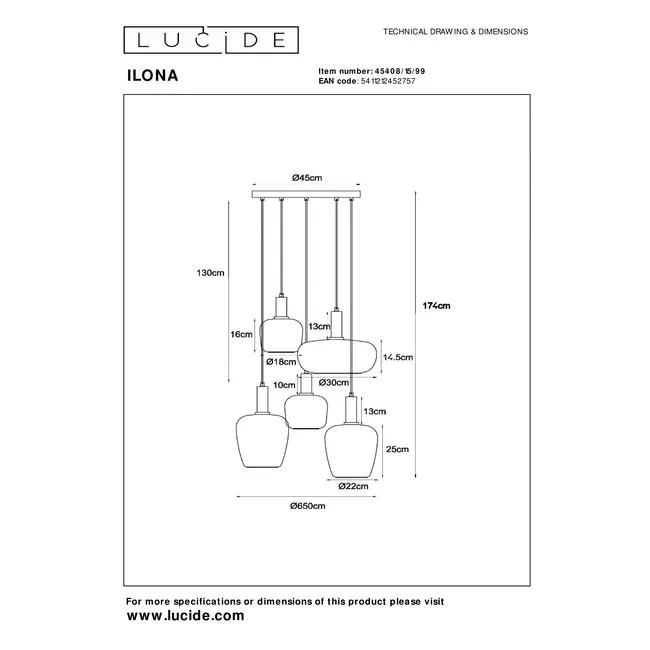 ILONA - Hanging lamp - 5xE27 - Black - 45408/15/99