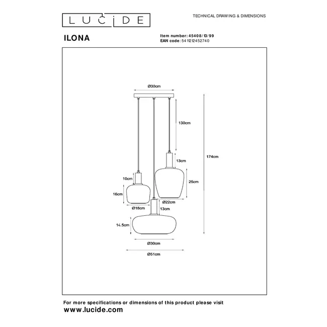 ILONA - Hanglamp - 3xE27 - Zwart - 45408/13/99