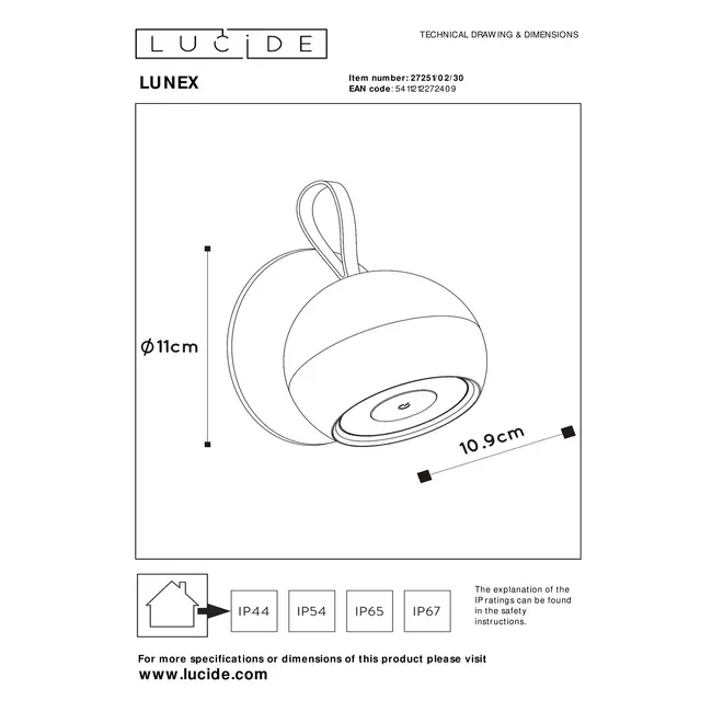 LUNEX - Rechargeable Wall Lamp Indoor/Outdoor - Accu/Battery - LED Dim. - 1x2W 3000K - IP54 - Magnetic - Black - 27251/02/30