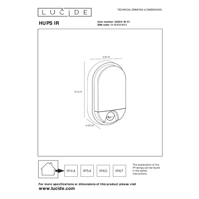HUPS IR - Wandlamp Binnen/Buiten - LED - 1x10W 3000K - IP54 - Beweging & dag/nacht sensor - Wit - 22864/10/31