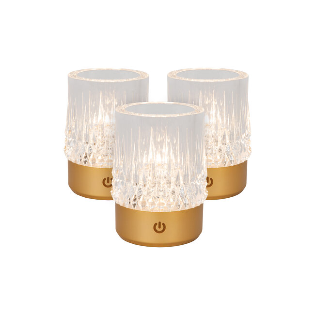 LILI - Oplaadbare Tafellamp - Accu/Batterij - Ø 8 cm - LED Dimb. - 1x3W 2700K/3000K - Mat Goud / Messing - Set van 3 - 46520/03/02
