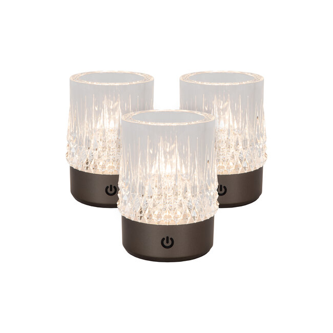 LILI - Oplaadbare Tafellamp - Accu/Batterij - Ø 8 cm - LED Dimb. - 1x3W 2700K/3000K - Zwart chroom - Set van 3 - 46520/03/08