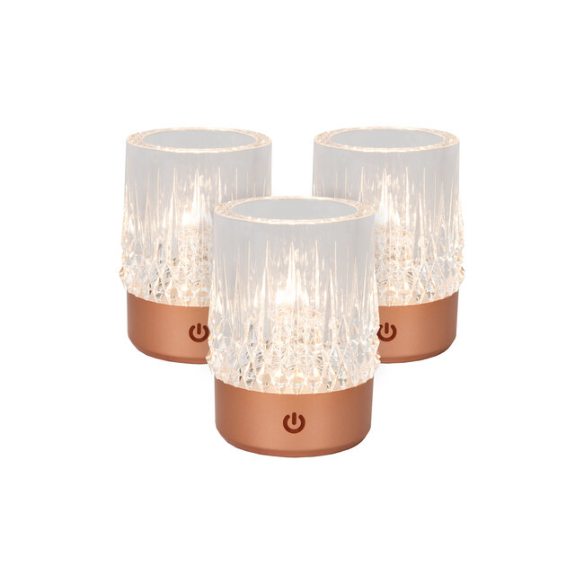 LILI - Oplaadbare Tafellamp - Accu/Batterij - Ø 8 cm - LED Dimb. - 1x3W 2700K/3000K - Koper - Set van 3 - 46520/03/17
