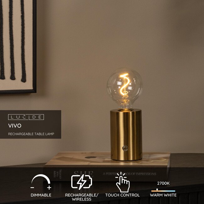VIVO - Oplaadbare Tafellamp - Accu/Batterij - Ø 8 cm - LED Dimb. - E27 - 1x1W 2700K - Mat Goud / Messing - 52502/01/02