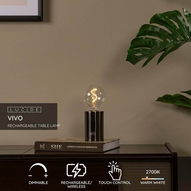 VIVO - Oplaadbare Tafellamp - Accu/Batterij - Ø 8 cm - LED Dimb. - E27 - 1x1W 2700K - Mat zwart chroom - 52502/01/08