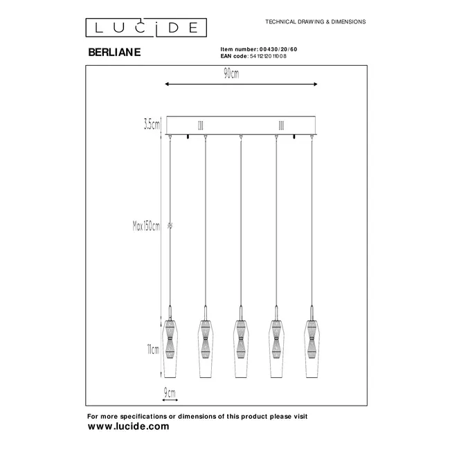 BERLIANE - Pendant light - LED Dim. - 5x4W 2700K - With replaceable LED module - Transparant - 00430/20/60