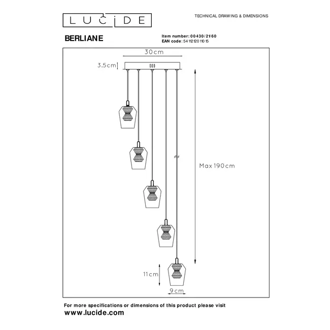 BERLIANE - Hanglamp - Ø 34 cm - LED Dimb. - 5x4W 2700K - Met vervangbare LED-module - Transparant - 00430/21/60