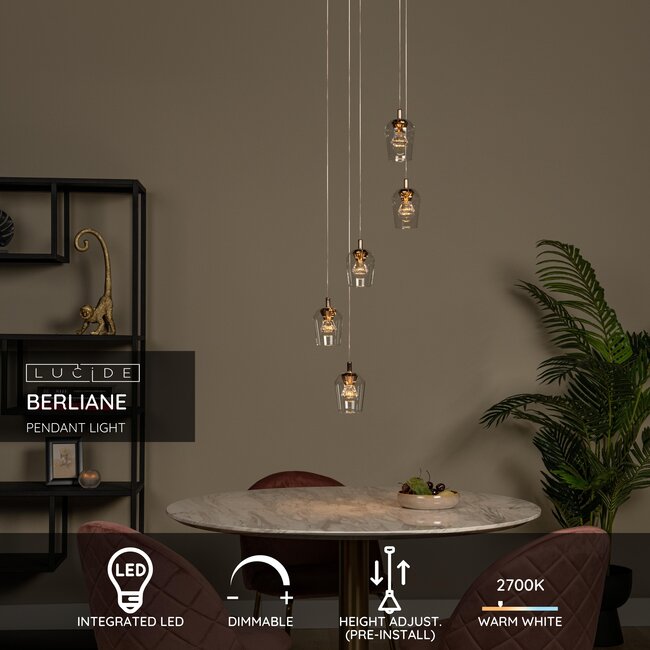 BERLIANE - Hanglamp - Ø 34 cm - LED Dimb. - 5x4W 2700K - Met vervangbare LED-module - Transparant - 00430/21/60