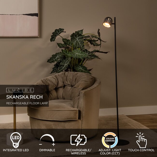 SKANSKA RECH - Lampadaire Rechargeable Intérieur/Extérieur - Batterie/Piles - Ø 23 cm - LED Dim. - CCT - 1x3W 3000K/6000K - IP44 - Fer gris - 03749/03/15