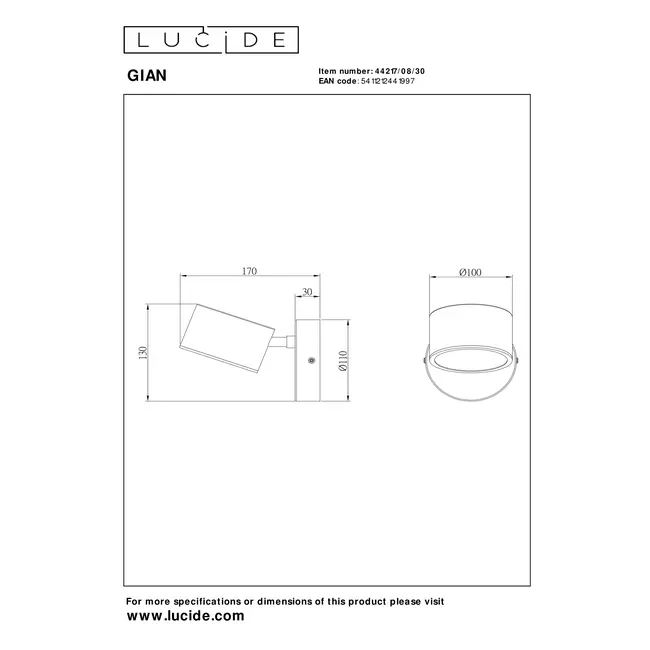 GIAN - Wall light - LED Dim. - 1x9W 2700K - Black - 44217/08/30
