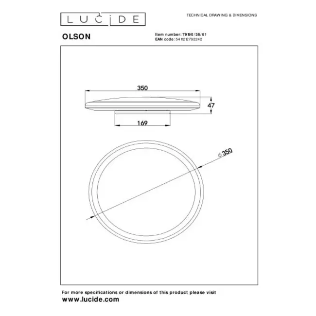 OLSON - Plafonnière - Ø 35 cm - LED Dimb. - CCT - 1x36W 3000K/6500K - Opaal - 79190/36/61