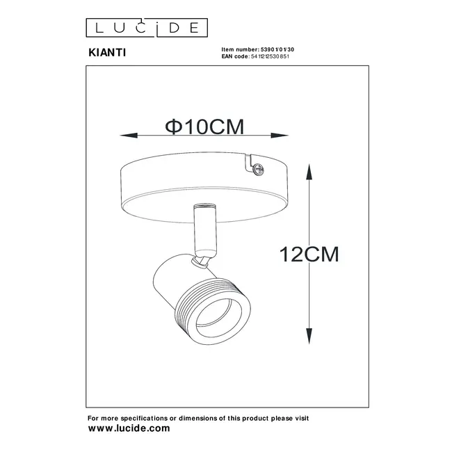 KIANTI - Wandspot / Wandlamp - Ø 10 cm - 1xGU10 - Zwart - 53901/01/30
