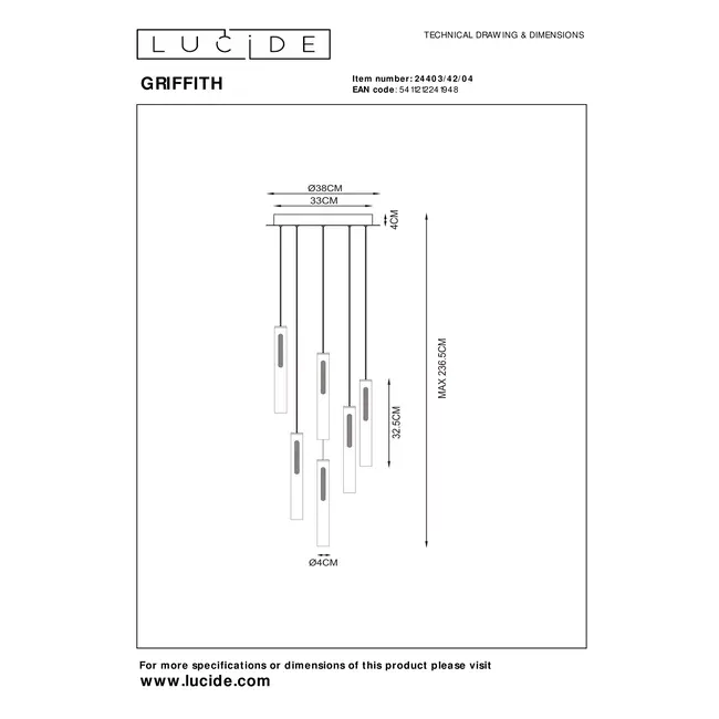 GRIFFITH - Suspension - Ø 38 cm - LED Dim. - 6x7,6W 2700K/4000K - Bronze - 24403/42/04