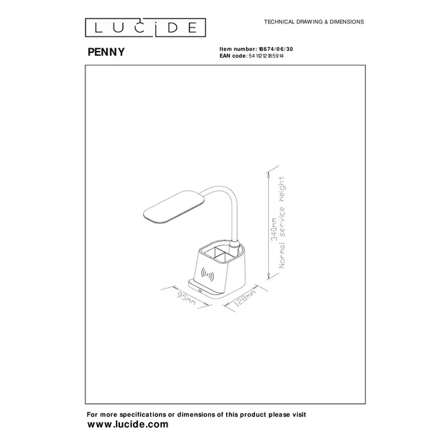 PENNY - Bureaulamp - LED Dimb. - 1x4,7W 3000K - Met draadloze oplader - Zwart - 18674/06/30