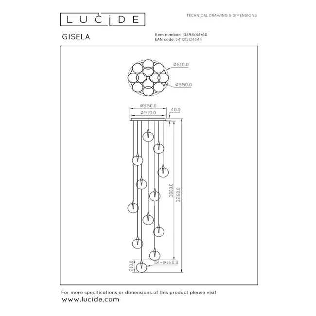 GISELA - Hanglamp - Ø 61 cm - LED Dimb. - 12x3,6W 2700K - Transparant - 13494/44/60