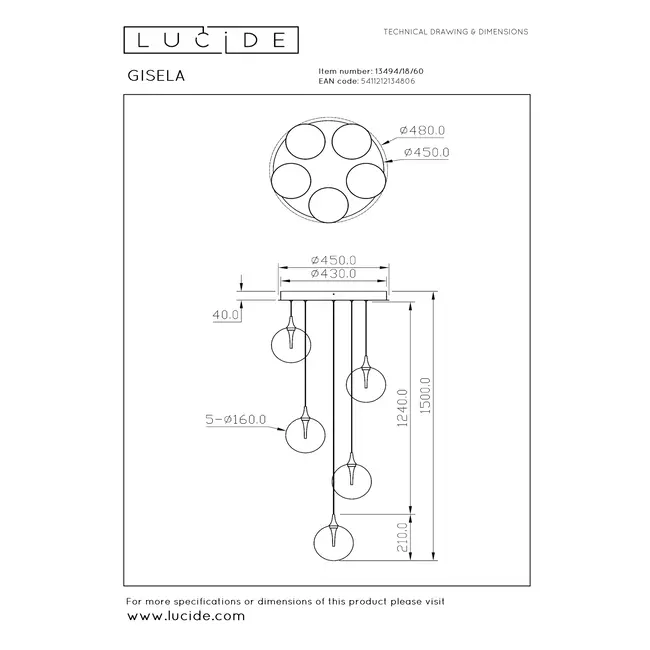 GISELA - Hanglamp - Ø 48 cm - LED Dimb. - 5x3,8W 2700K - Transparant - 13494/18/60