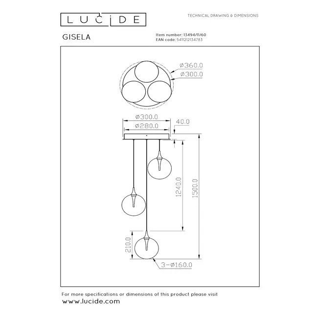 GISELA - Suspension - Ø 36 cm - LED Dim. - 3x3,6W 2700K - Transparent - 13494/11/60