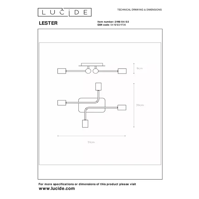 LESTER - Plafonnier - 4xE27 - Or Mat / Laiton - 21118/04/02