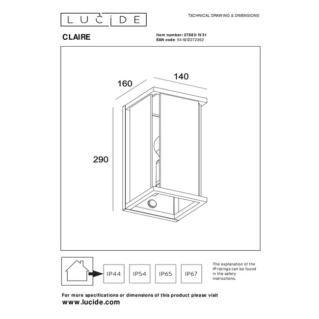 CLAIRE - Wall light Indoor/Outdoor - 1xE27 - IP54 - Motion & Day/Night Sensor - White - 27883/11/31