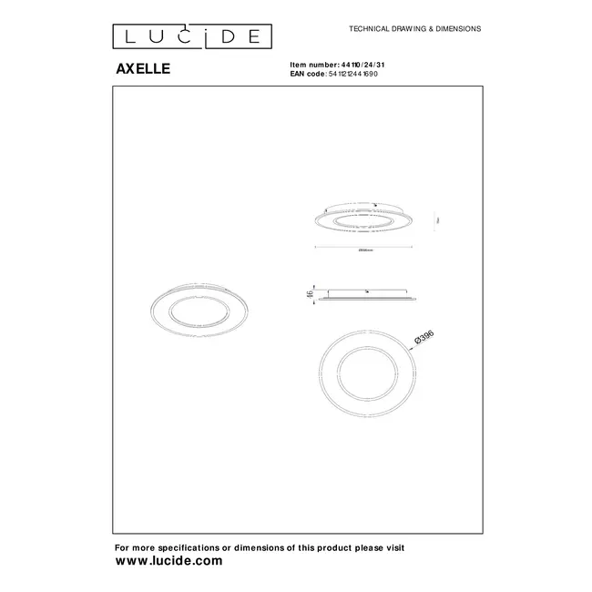 AXELLE - Plafonnier - Ø 39,6 cm - LED Dim. - 1x24W 2700K - 3 StepDim - Blanc - 44110/24/31