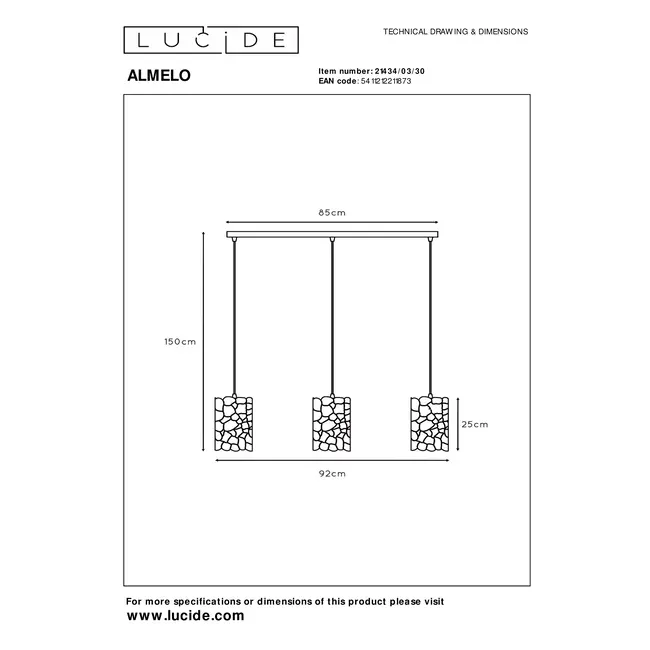 ALMELO - Hanglamp - 3xE27 - Zwart - 21434/03/30