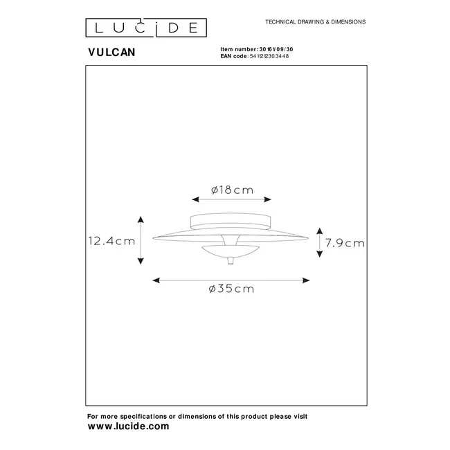 VULCAN - Plafonnier - Ø 35 cm - LED Dim. - 1x9W 3000K - Noir - 30161/09/30
