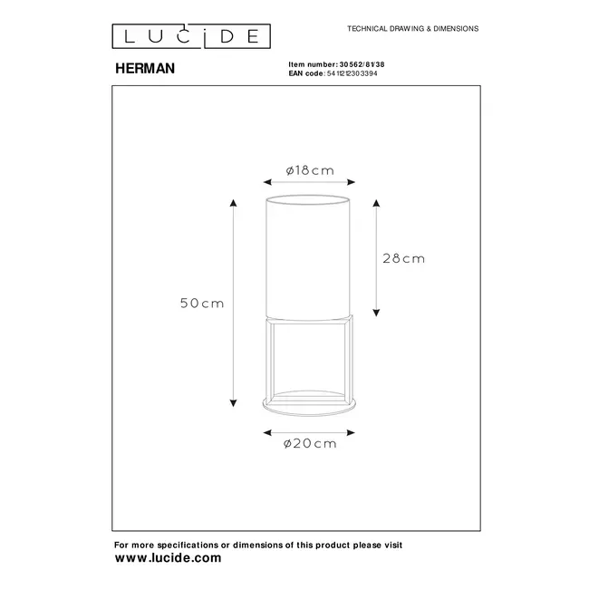 HERMAN - Lampe de table - Ø 20 cm - 1xE27 - Crème - 30562/81/38