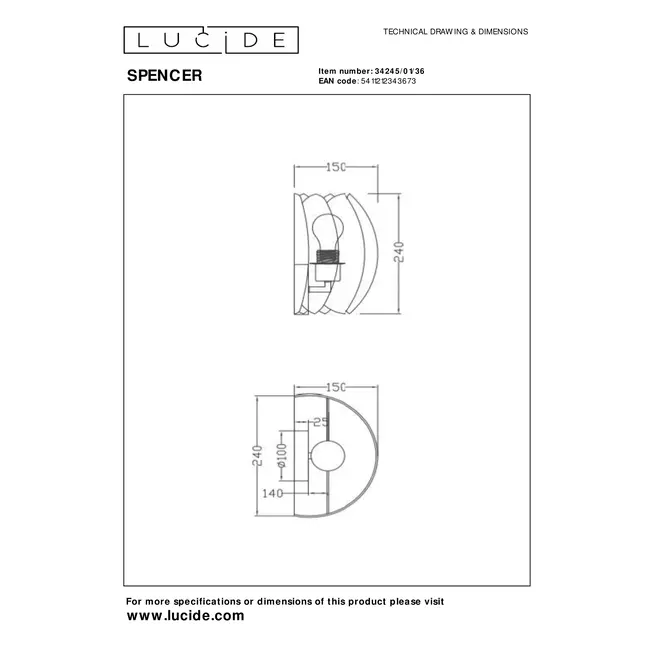 SPENCER - Wandlamp - 1xE27 - Grijs - 34245/01/36