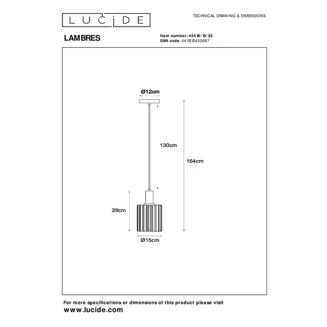 LAMBRES - Hanglamp - Ø 15 cm - 1xE27 - Zwart - 45410/15/30