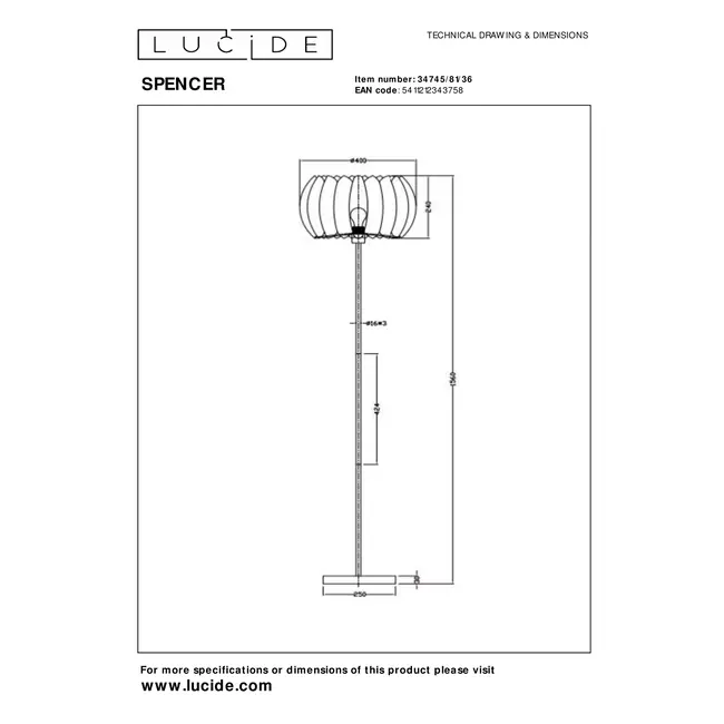 SPENCER - Lampadaire - Ø 40 cm - 1xE27 - Gris - 34745/81/36