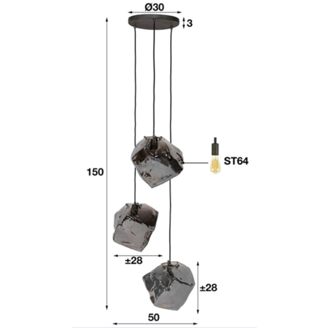 Hanglamp 3L rock chromed getrapt