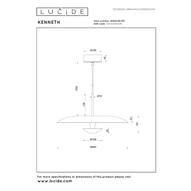 Premium KENNETH - Hanglamp - Ø 40 cm - LED Dimb. - 1x12W 2700K - Zwart - 41412/40/30